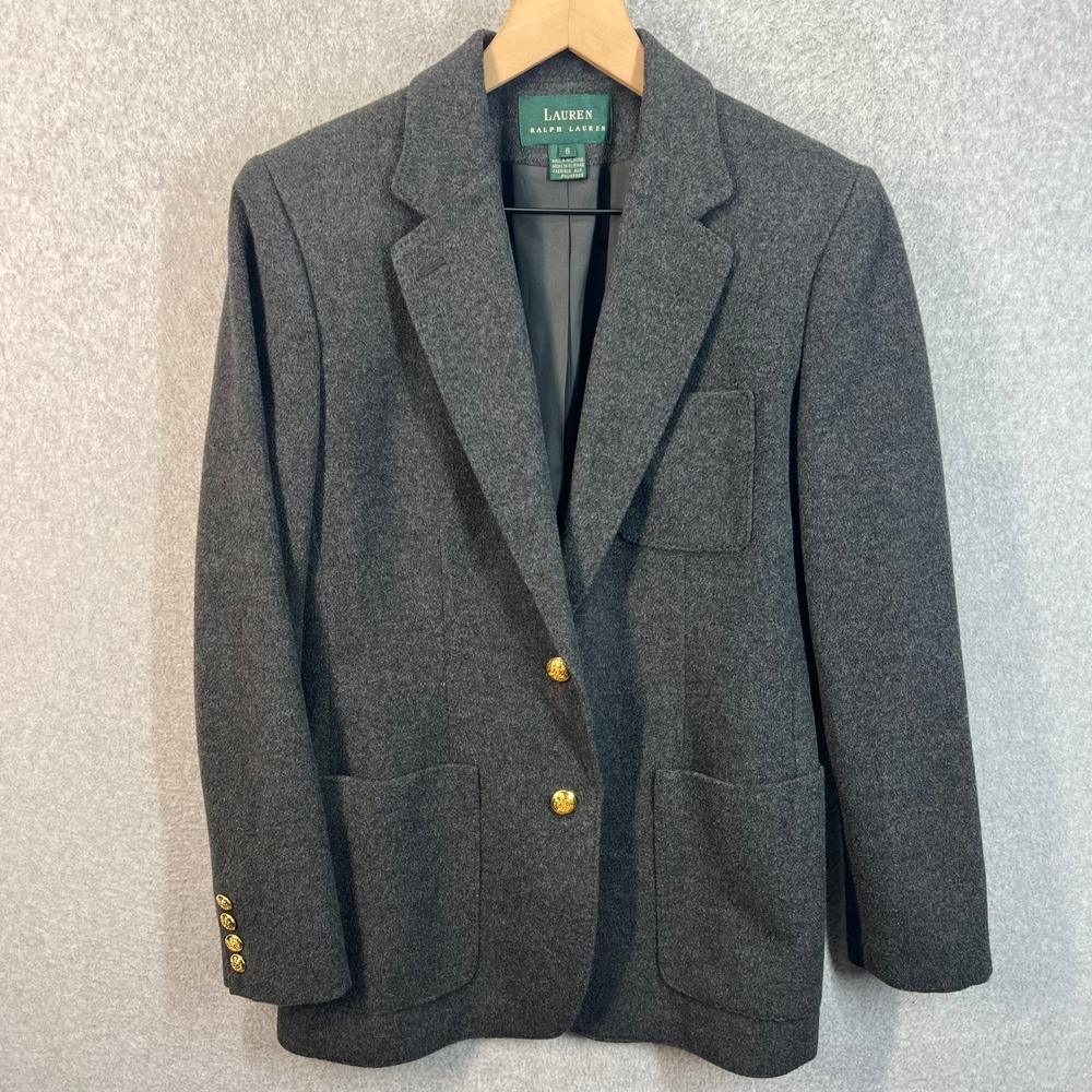 Lauren Ralph Lauren Blazer Womens 6 Gray Wool Blend Gold Crest Button Preowned